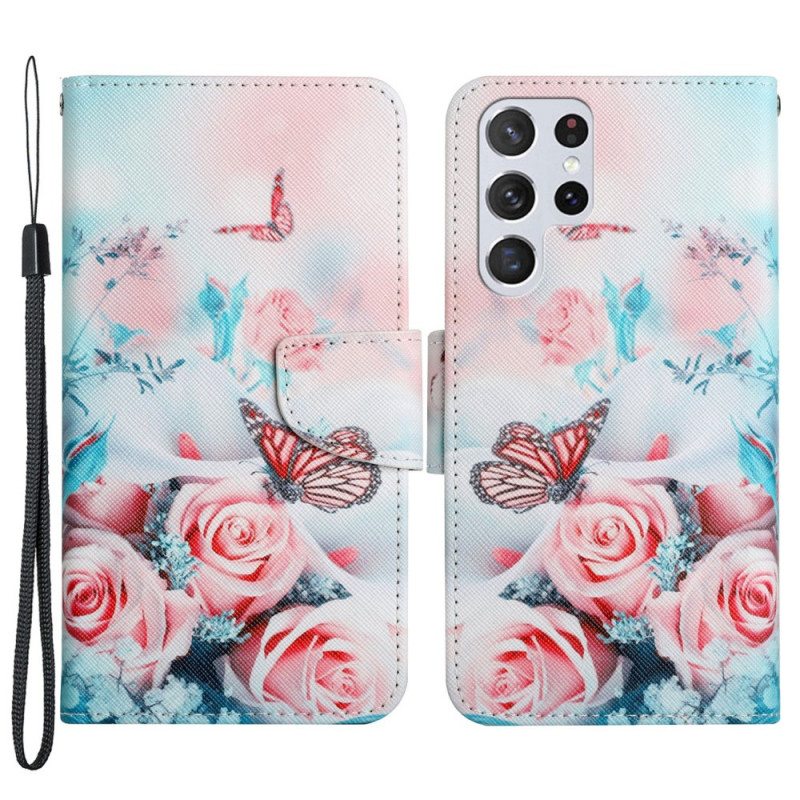 Flip Case Samsung Galaxy S22 Ultra 5G Kukkakimppu Ja Perhosia