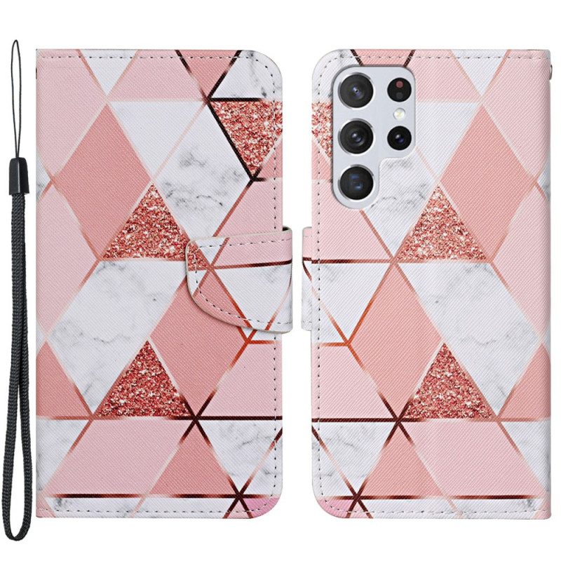 Flip Case Samsung Galaxy S22 Ultra 5G Marmori Ja Paljetteja Hihnalla