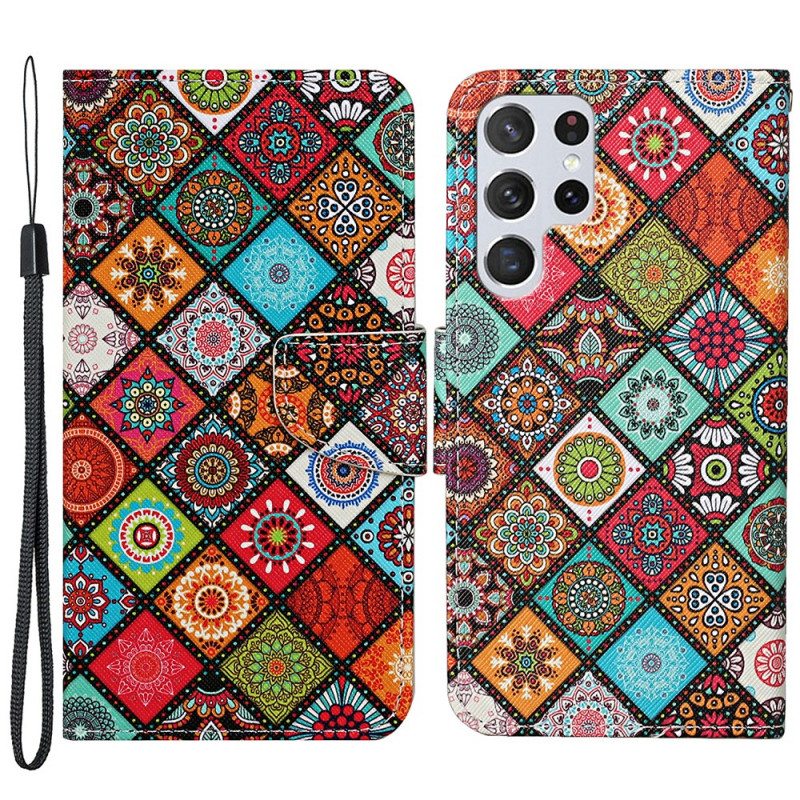 Flip Case Samsung Galaxy S22 Ultra 5G Patchwork Mandalas Kaulanauhalla