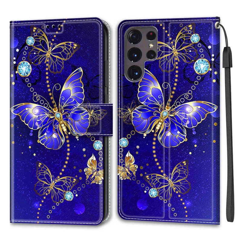 Kotelot Samsung Galaxy S22 Ultra 5G Suojaketju Kuori Strap Butterflies Fan