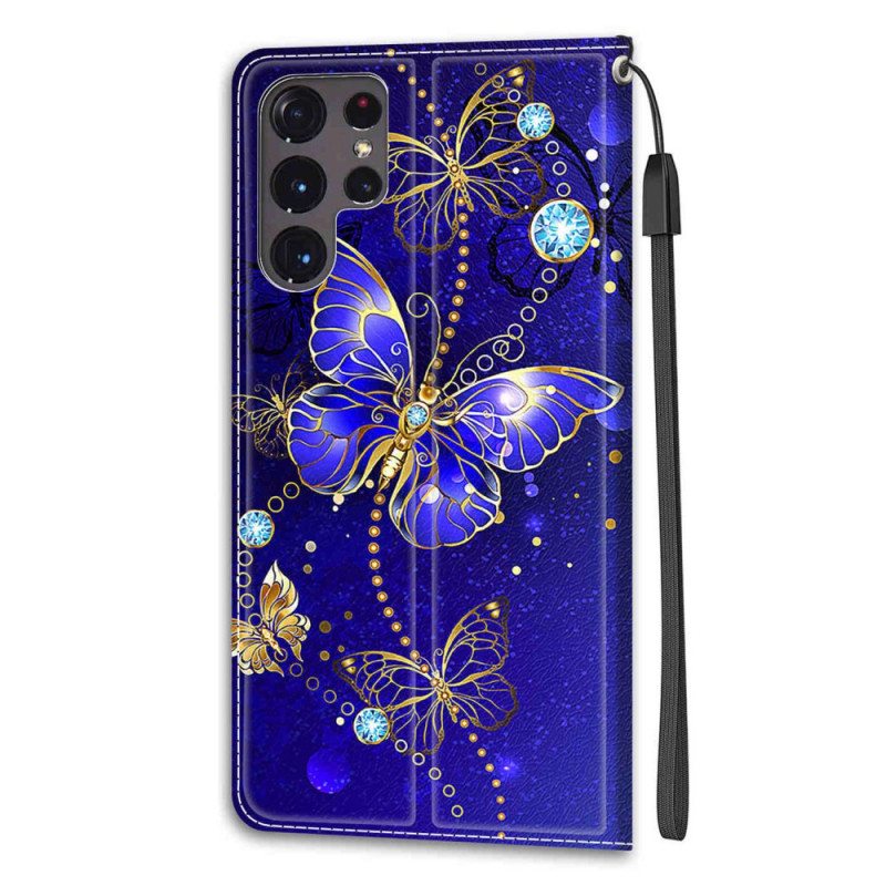 Kotelot Samsung Galaxy S22 Ultra 5G Suojaketju Kuori Strap Butterflies Fan