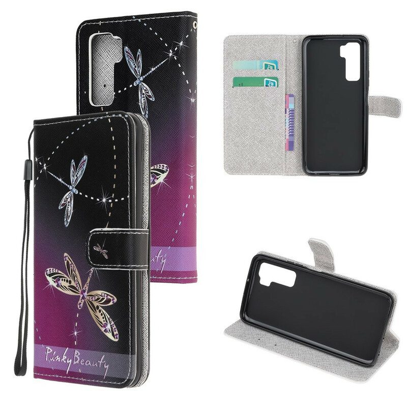 Nahkakotelo Huawei P40 Lite 5G Suojaketju Kuori Strappy Dragonflies