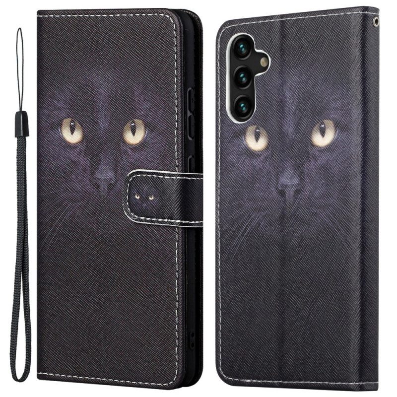 Nahkakotelo Samsung Galaxy A13 5G / A04s Suojaketju Kuori Strappy Black Cat Eyes