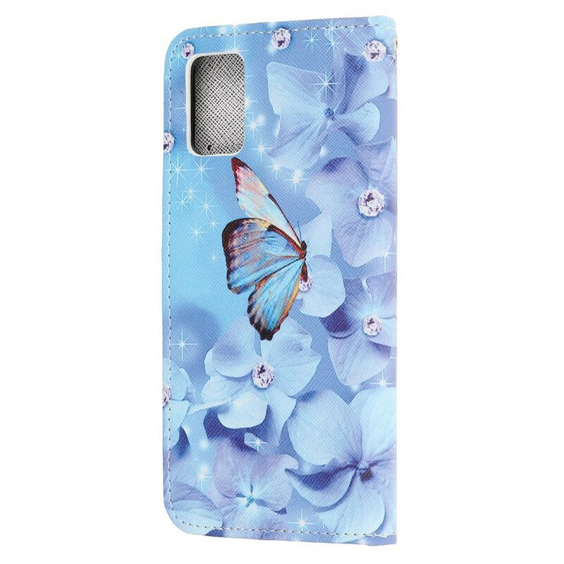 Flip Case Samsung Galaxy A51 Suojaketju Kuori Strappy Diamond Perhoset