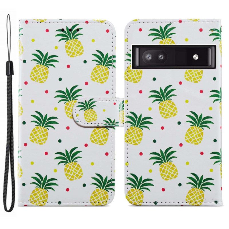 Nahkakotelo Google Pixel 7A Suojaketju Kuori Strappy Ananas